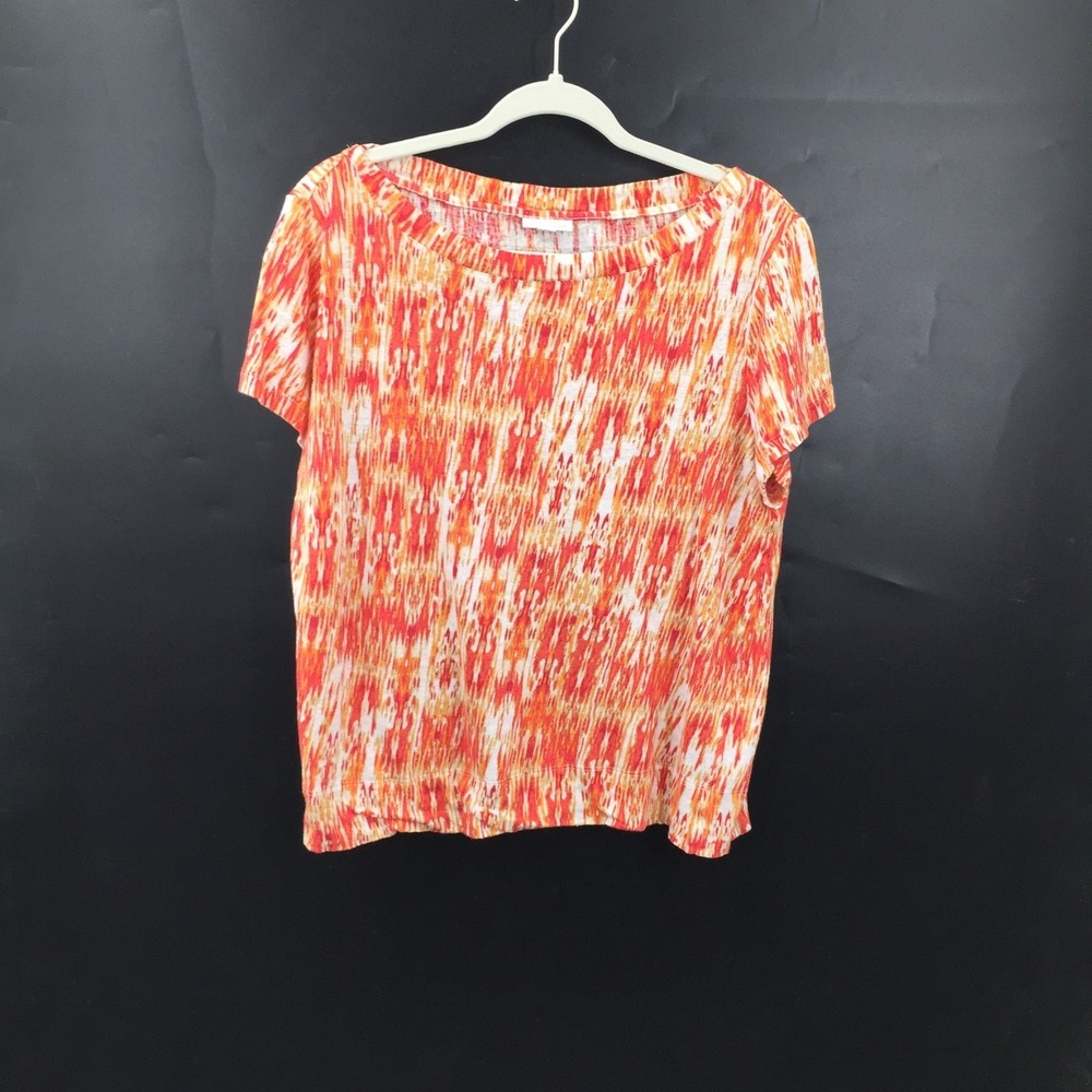 J. Jill Love Linen red & Orange abstract pattern short sleeve top boatneck XL